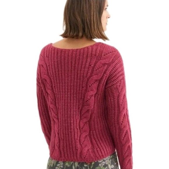 ANTHROPOLOGIE Ramona Cable-Knit V-Neck Sweater Size Medium M Berry Red - Picture 3 of 9